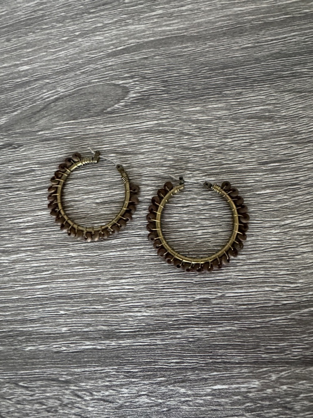 Avon Brown Beaded Hoop Earrings with Brass-Tone Frame